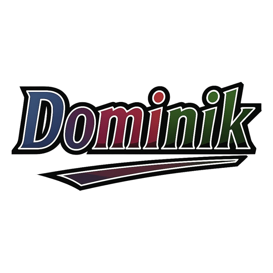 Dominik name in masculine, modern gradient font with dark contour, thin and clearly visible white border around letters, dynamic slanted underline, masculine color shades (blue, gray, burgundy, green, brown), 1000x1000 px, PNG, transparent background, in the style of the uploaded Attila sample. sticker