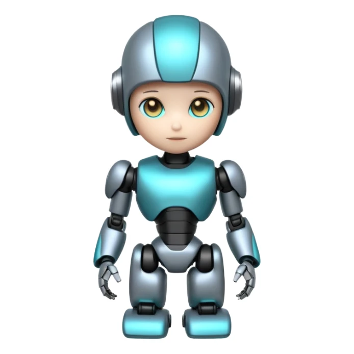 Cute futuristic chibi humanoid robot with large rounded head, add text on chest "LMX", glossy black and grey metal body, glowing cyan and amber eyes, visible joints, confident pose, white background, high-detail 3D render,  sticker