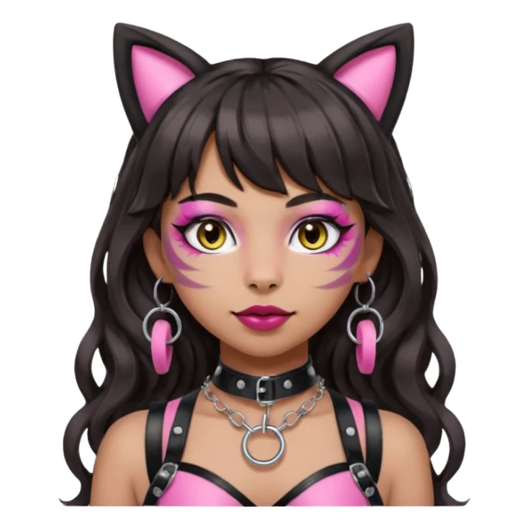 Remove any apple from the emoji. Keep the silver O-ring, bangs, bold but not crazy makeup, light-medium Hispanic skin tone, long dark wavy hair, cat ears, and pink BDSM-inspired harness. Maintain the apple emoji style with a transparent background. sticker