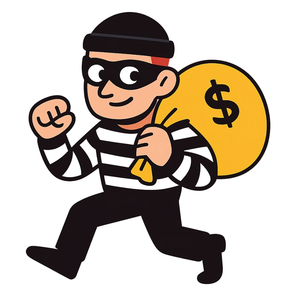 white man dressed as a robber, wearing a black mask and striped shirt, cartoon style sticker