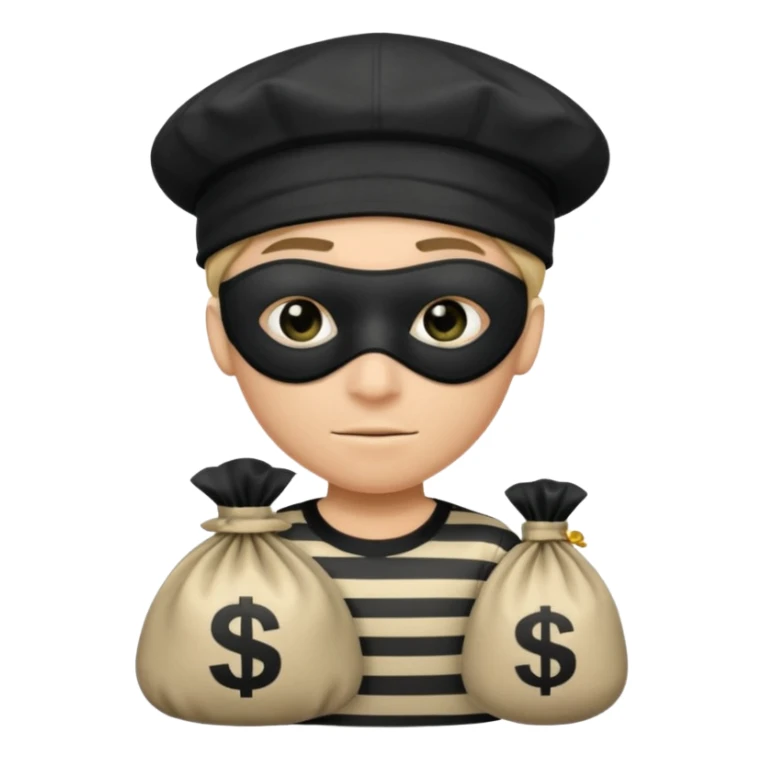 Cartoon-Räuber mit schwarzer Augenmaske, gestreiftem Shirt, schwarzer Mütze und einem Geldsack mit $-Zeichen. sticker