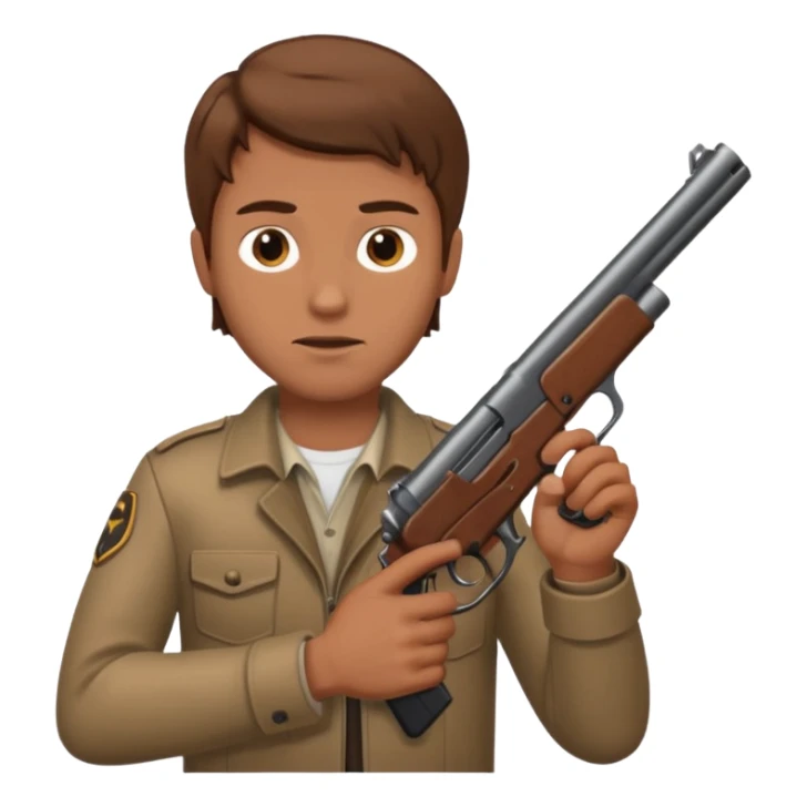 White guy with brown hair holding a gun like a cop would sticker