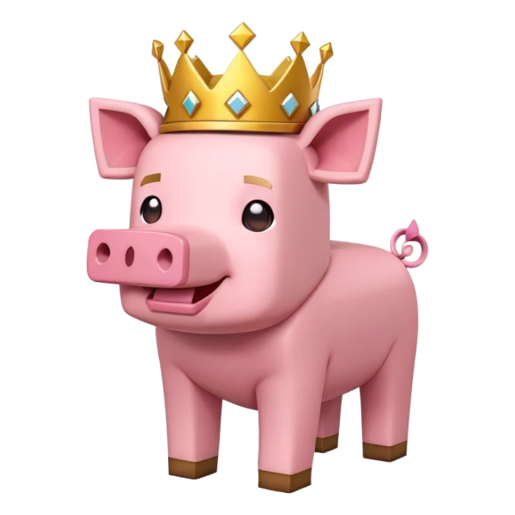 Minecraft pig full body pink blocky animal with square head wearing a crown sticker