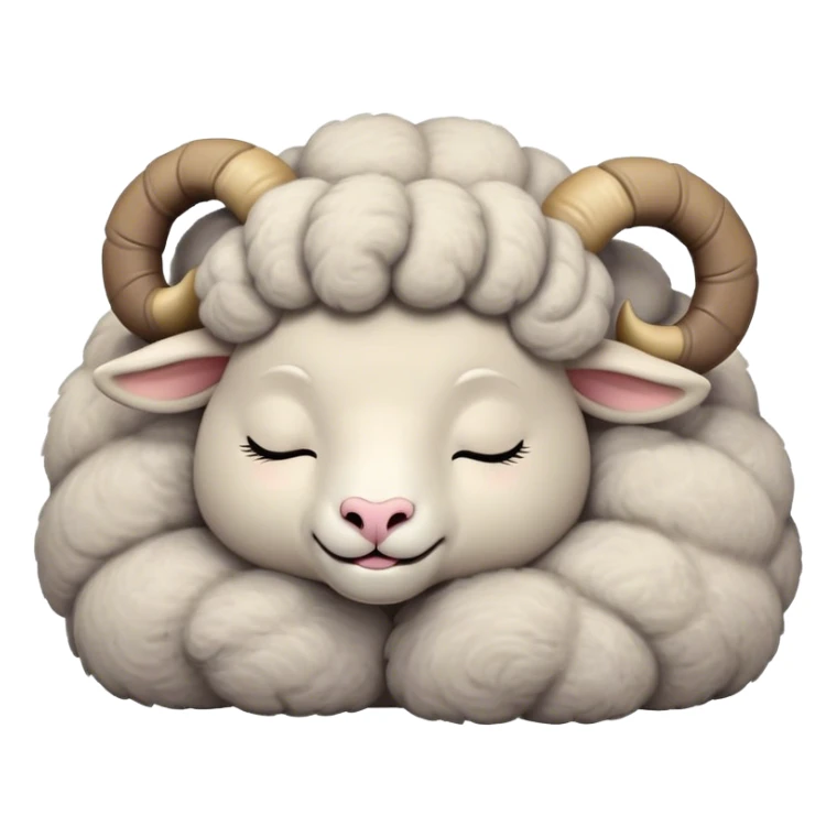 Meme-Worthy Cute Sleeping Ram Portrait Emoji, Head resting peacefully with a contented smile, showcasing a robust build and a luxuriously soft woolly grey fur with gently curled horns, eyes shut in a serene, restful nap, Simplified yet hilariously adorable features, highly detailed, glowing with a soft, drowsy light, high shine, relaxed and utterly lovable, stylized with an air of playful laziness, bright and heartwarming, soft glowing outline, capturing the essence of a comically sleepy ram, so meme-worthy it feels like it could instantly become the next viral sensation of adorable slumber! sticker