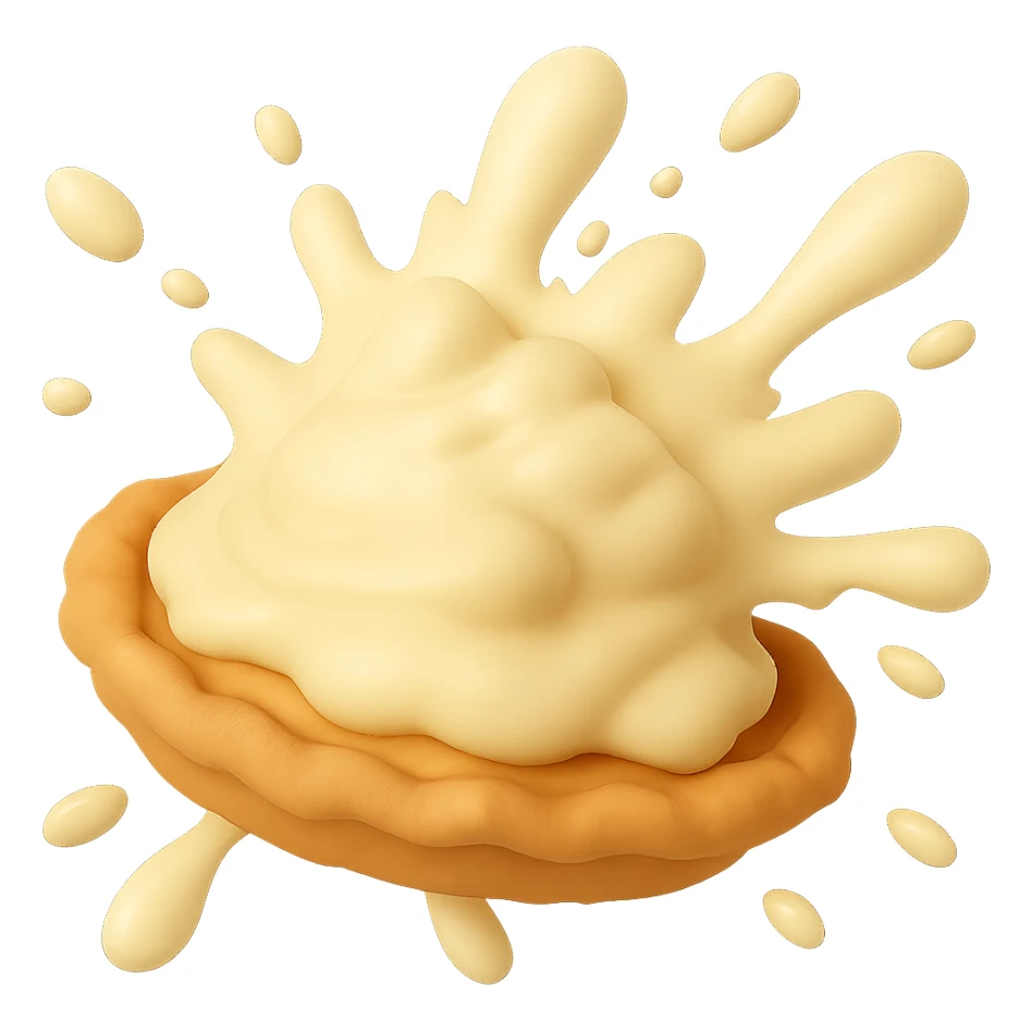 Remove the background so only the cream pie splat is visible. Keep the playful 3D emoji style, golden brown crust, and dynamic angle. sticker