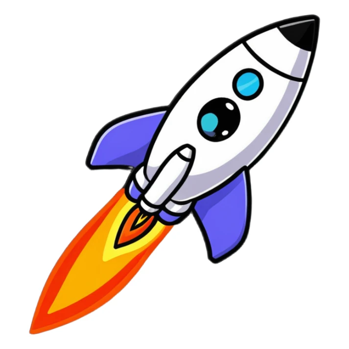 A cute sticker-style space rocket with a smiling face and bright flame trail sticker