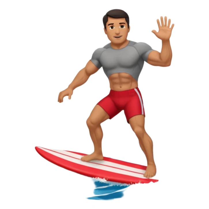 50 year old, muscular, dark haired, tan, red shorts man riding a big wave sticker