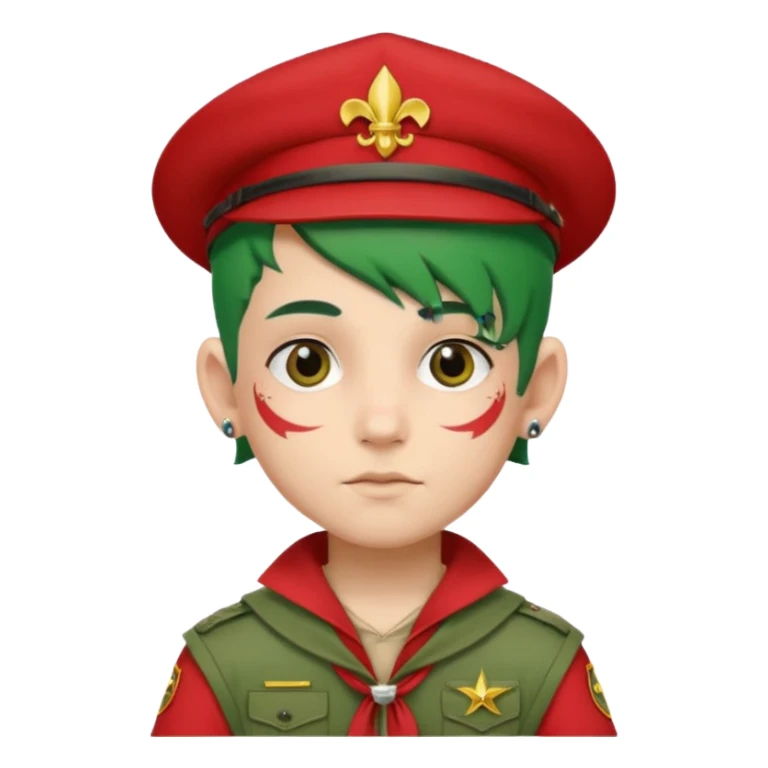 scout boy face tatooes green haired, wearing red uniform with hat sticker