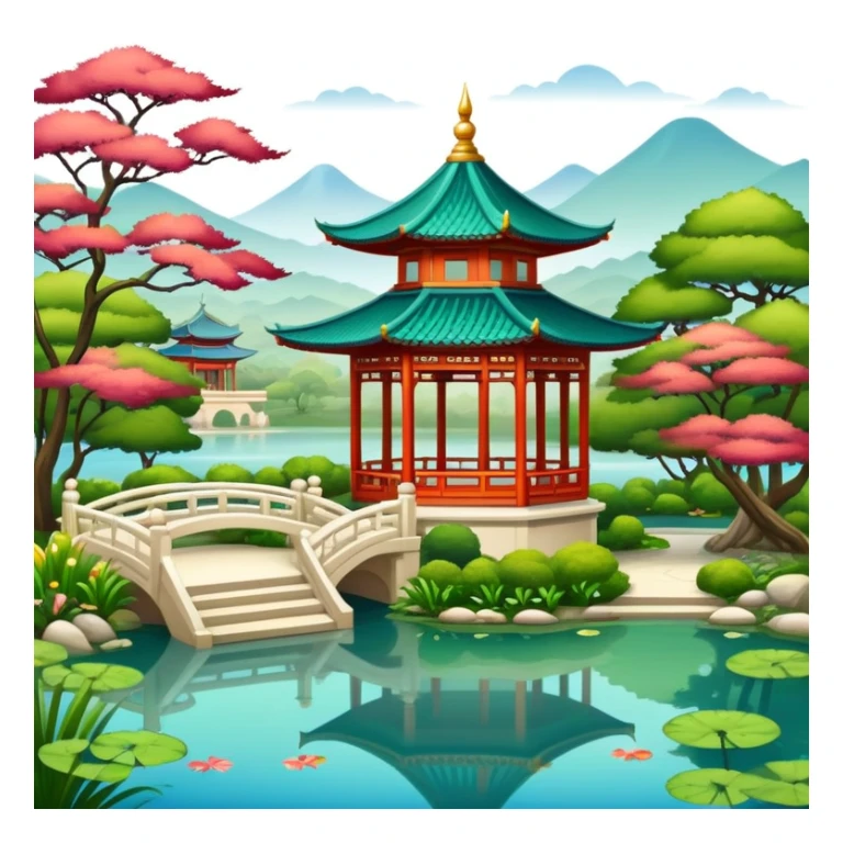 Oriental palace garden with pavilion and pond sticker