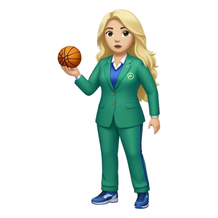 Full Body white plus size female basketball head coach with whistlewith long blonde hair in a blue and green suit sticker