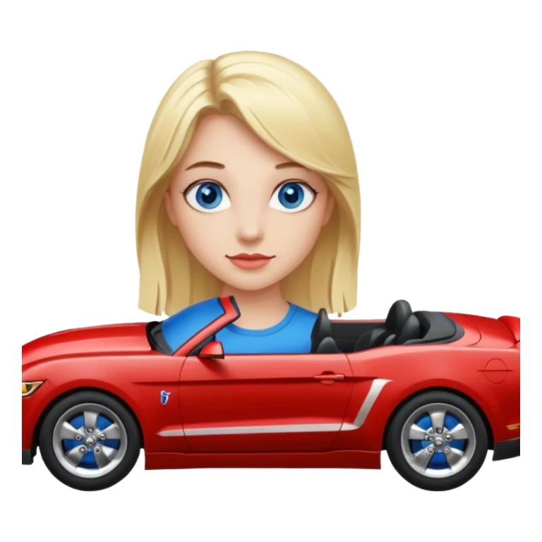 Blonde girl in red Mustang with blue eyes sticker