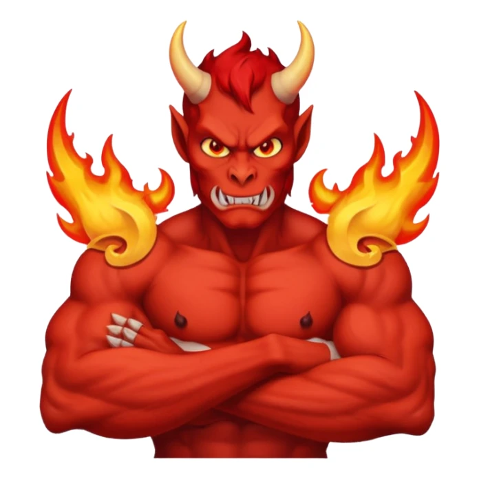 a Red devil, short horn Devil with flaming eyes, crossing arms sticker