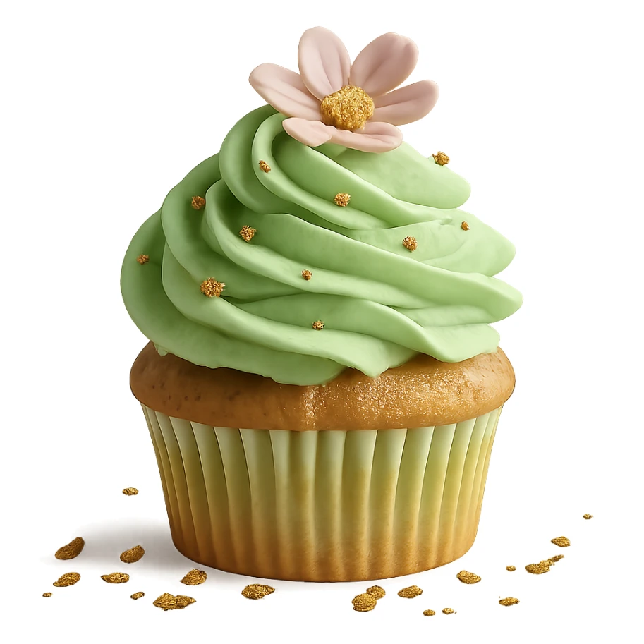 Change the icing to pistachio (light green), keep the realistic cupcake and accessories, photorealistic style, transparent background. Maintain the photorealistic look and details of the cupcake and accessories with a light green pistachio icing. Remove the background to make it transparent. sticker