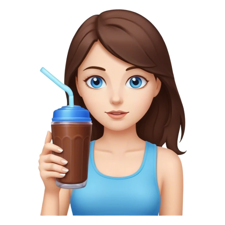 White girl brunette blue eyes drinking chocolate shake healthy In a shaker bottle sticker