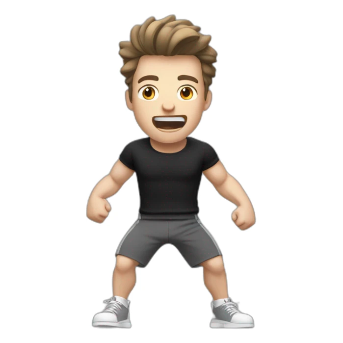 amazed Open with surprise mouth Pale skinned Fit Man With the biceps and dark brown hair in black shirt, gray sports shorts and white Sneakers sticker