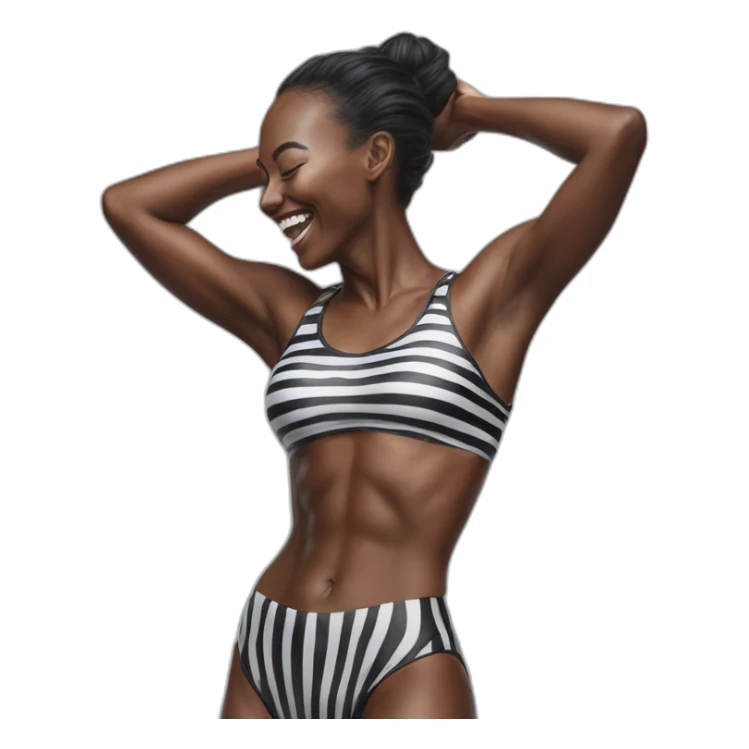 Hyper-realistic tall laughing fitness model in striped body paint from behind sticker
