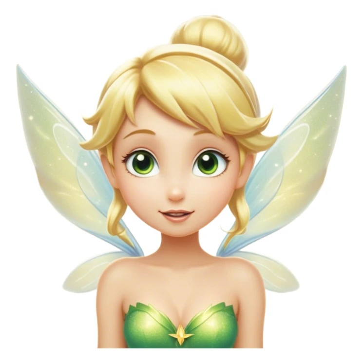 Cinematic Realistic Blonde Tinker Bell Fairy Portrait, head tilted playfully and inquisitively, showcasing a delicate pixie form with finely detailed, golden blonde hair and softly glowing, translucent wings that catch the light with a cascade of fairy dust. Her bright, curious eyes sparkle with mischief and wonder, rendered with lifelike clarity and warm, gentle lighting that captures the essence of a spirited, charming fairy ready to flutter playfully into your heart. sticker