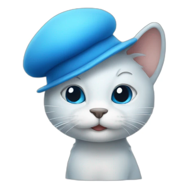 A blue cat that looks like a smurf with a white mushroom hat sticker