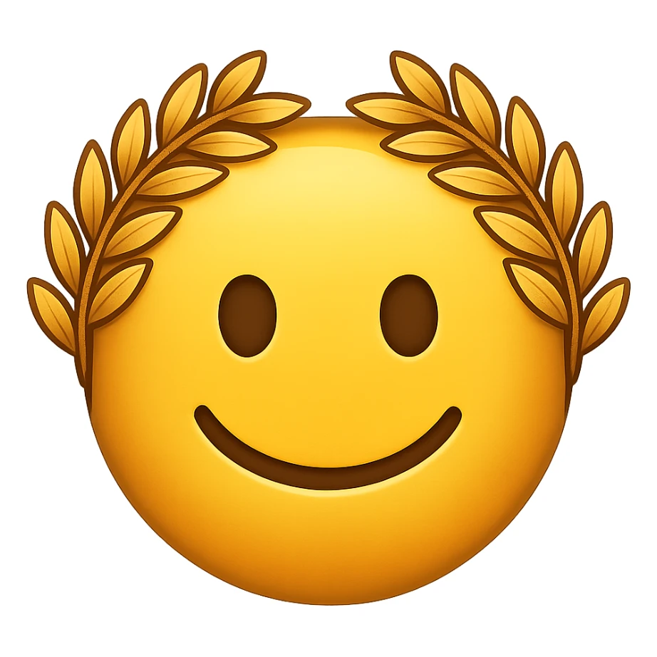 yellow face with golden laurel crown emoji, digital illustration sticker