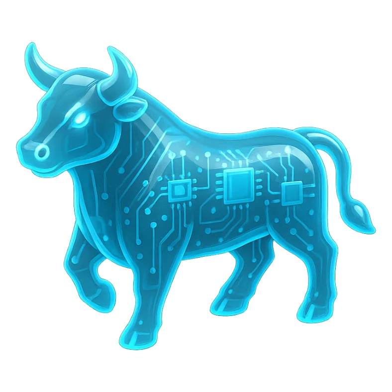 digital bull icon, blue LED glow, modern tech look, transparent background sticker