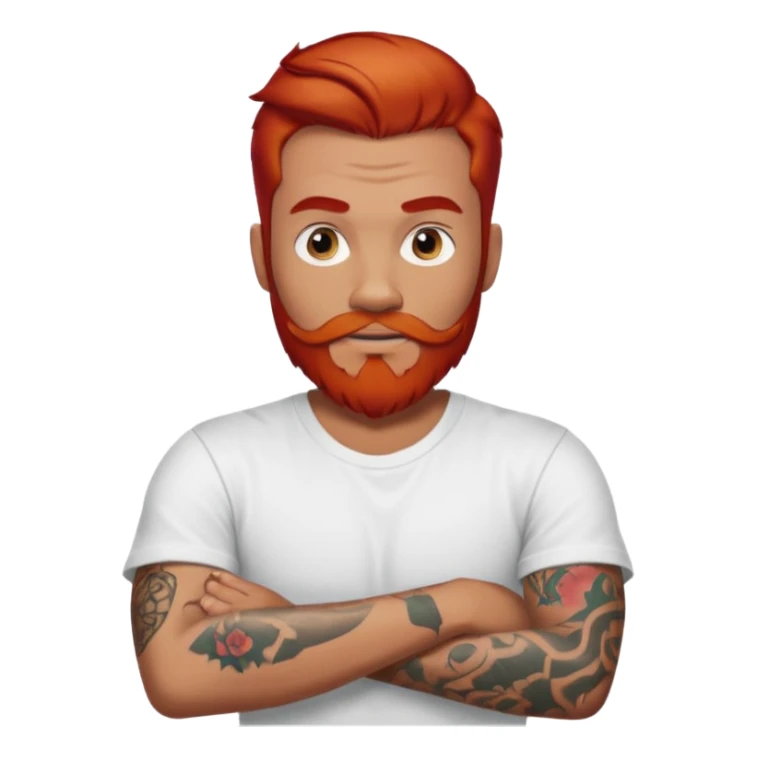 a guy with red beard red hair slick back white tshirt and tattoos oldschool on his arms sticker