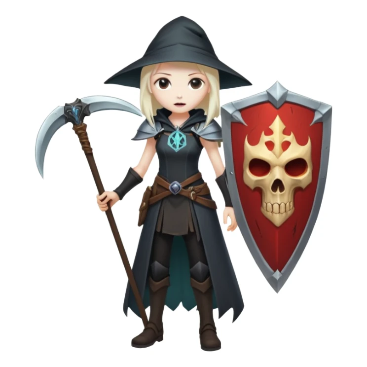 Necromancer girl with scythe and shield, in front of a dead mage sticker