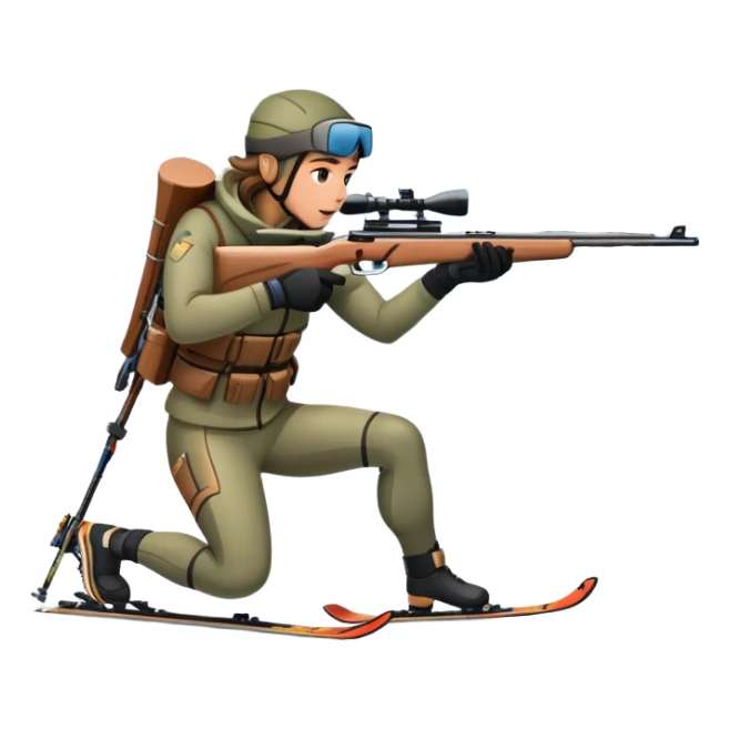 An icon showing a snowy landscape with pine trees, mountains, and a clear sky with a biathlete aiming a rifle in the foreground, wearing winter gear and skis. Transparent background emphasizes the precision, endurance, and beauty of this winter sport. sticker