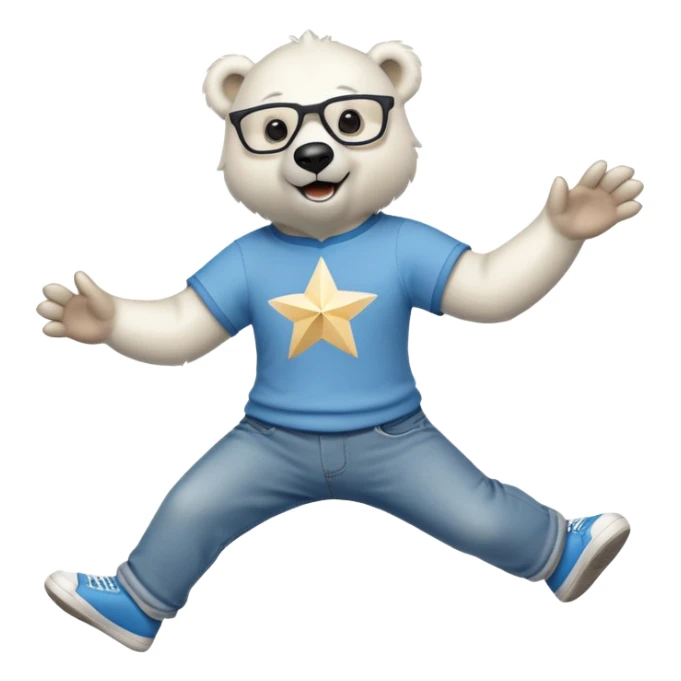 friendly anthropomorphised polar bear jumping and looking excited, wearing a shirt, jeans, trainers, star-shaped glasses sticker