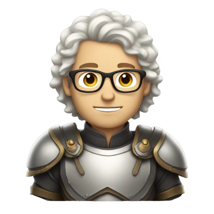 white guy with wavy hair and round glasses wearing armor sticker