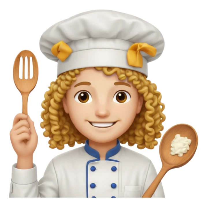 Long curly hair, happy, wearing chef uniform and chef hat sticker