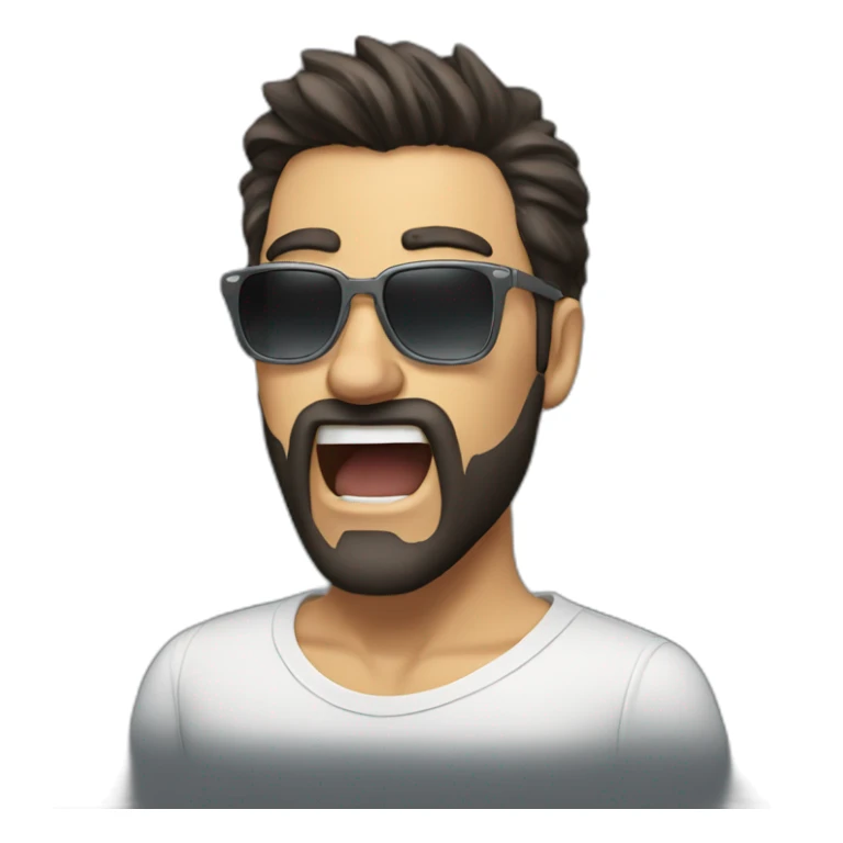 man with dark hair and white highlights, a beard and sunglasses, yelling sticker