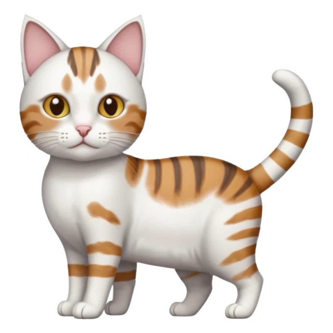 a white cat with brown tabby patches on the top of his head (ears) a patch on its side/arm and a striped tail the rest of the body is bright white sticker