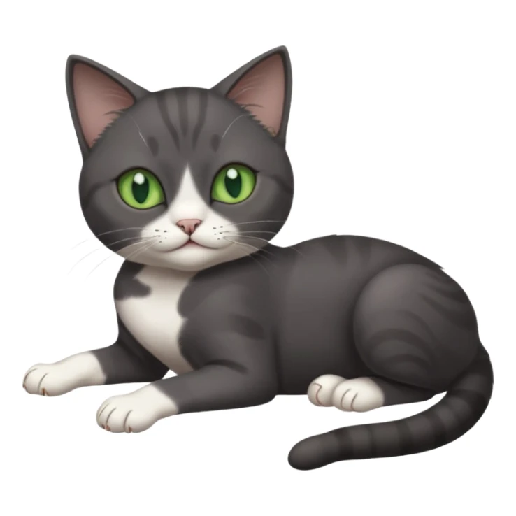 dark grey cat with green eyes, white toes/paws and white patch on her chest playfully rolling upside down sticker