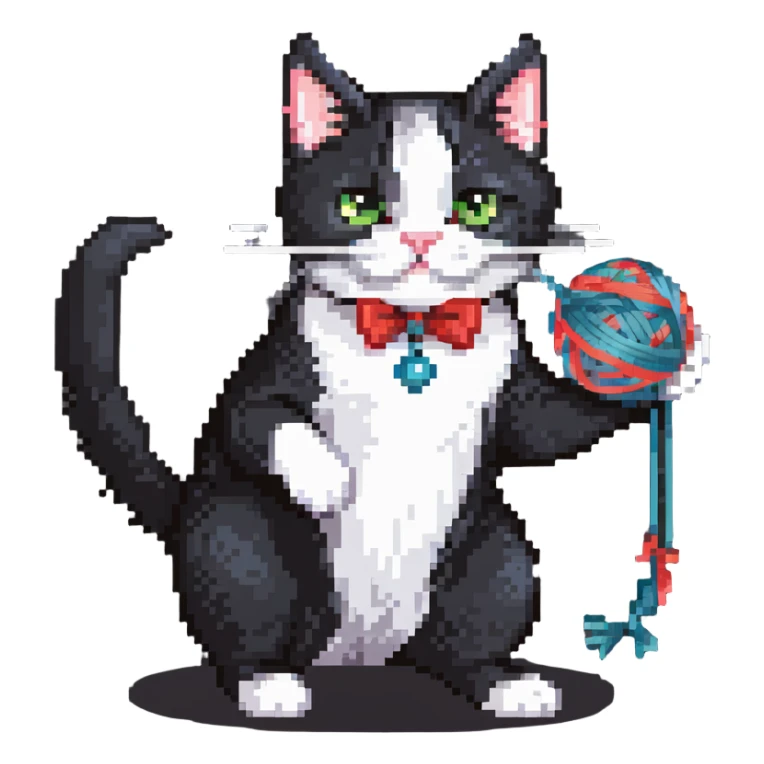 tuxedo cat playing with a ball of yarn sticker