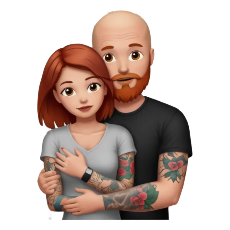Make a brown haired, pretty girl, hugging a guy that is bald with a red beard and a sleeve of tattoos in jail sticker