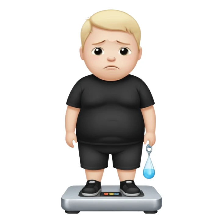 sad fat young boy in black t shirt on weight scale crying with tears on his cheeks sticker