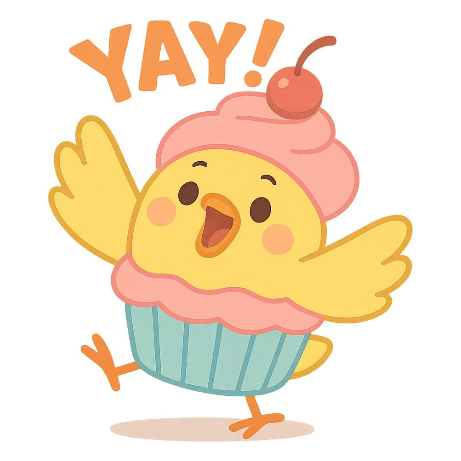 chick in cupcake costume shouting “Yay!”, pastel-toon style sticker