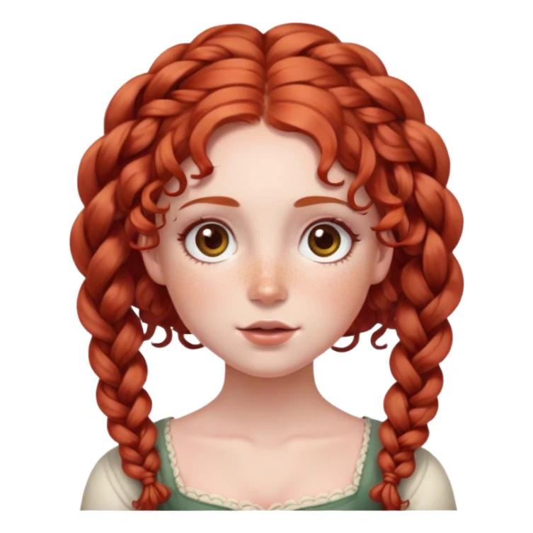 lady with Soft, round face, rosy cheeks, wide expressive eyes, Curly red hair, often styled in intricate braids or ringlets, Fair skin, freckles, sticker