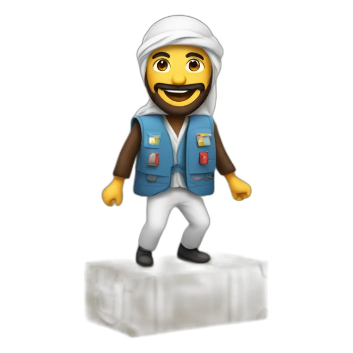 arab with a beard in a squared cardboard vest dancing on top of a plane sticker