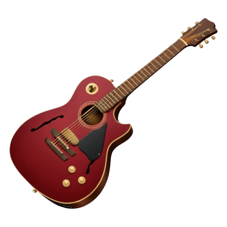 A guitar with a black pick guard, red dark red body, and a dark wood neck sticker