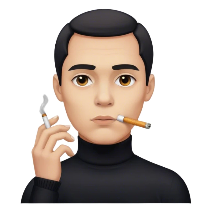 A mysterious man in a black turtleneck, cigarette smoke curling around his face, one eyebrow slightly raised. sticker
