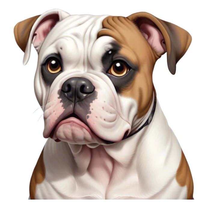 Cinematic Comical Black and White American Bulldog Portrait Emoji, Head tilted dramatically with an exaggeratedly shocked or offended expression, short fur with black and white markings, a slightly wrinkled forehead, wide, expressive brown eyes filled with exaggerated disbelief, Simplified yet hilariously expressive features, highly detailed, glowing with a slightly sassy glow, high shine, dramatic yet playful, stylized with an air of attitude, bright and endearing, soft glowing outline, capturing the essence of a sassy and over-the-top pup, so meme-worthy it feels like it could side-eye its way into internet fame instantly! sticker