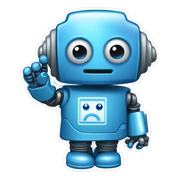 Sticker robot in blue tones waves his hand. The word "RoboCode" on clothes sticker