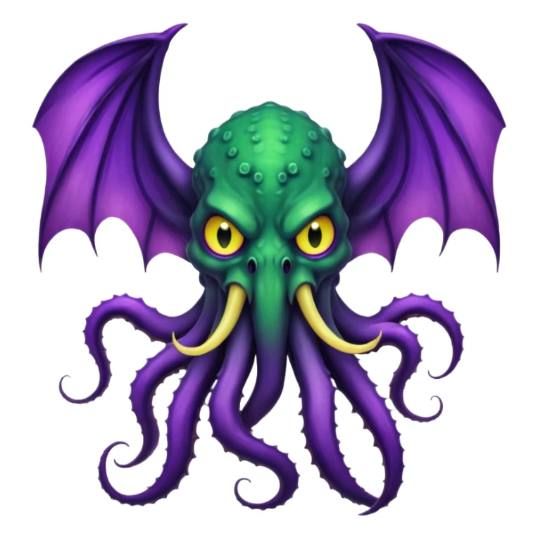 deep green Cthulhu with purple bat wings and purple gradient tentacles. Yellow angry eyes. yellow suckers on tentacles. dramatic ominous shading. two saber-teeth sticker