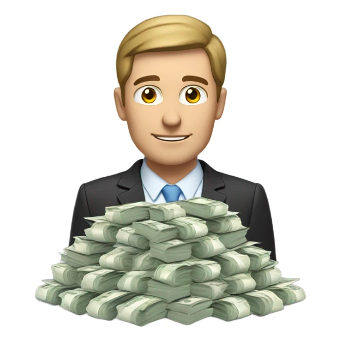 Caucasian Man standing in front of a large pile of money  sticker