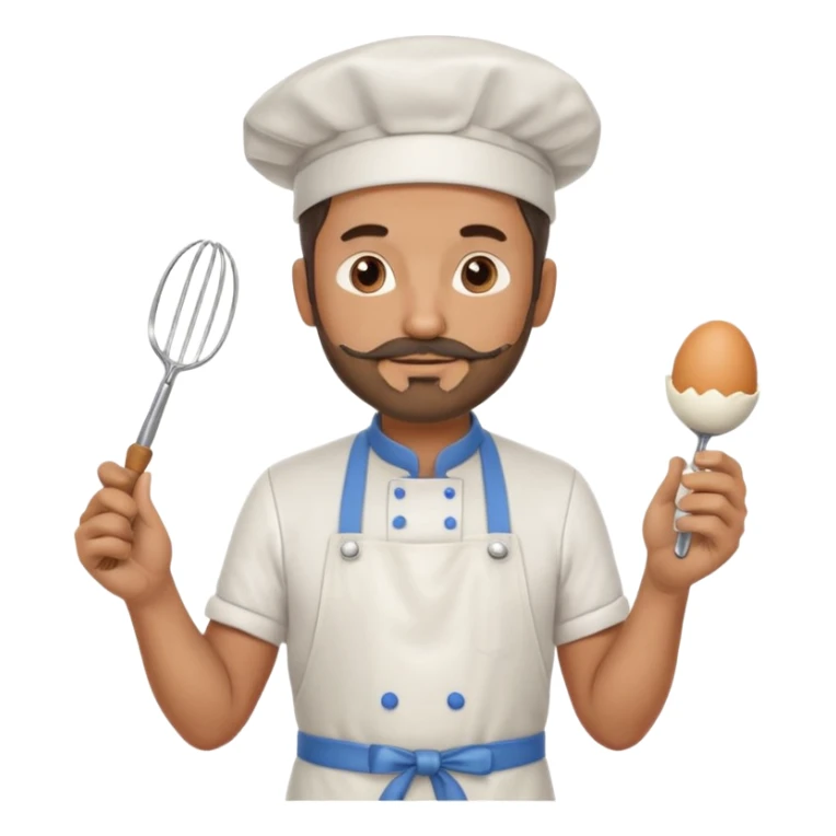 Middle aged male pastry chef - with a small beard, apron, white hat, and holding an egg beater in his hand sticker