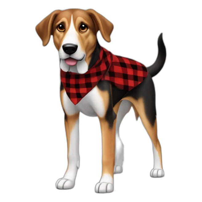 adult 75% Coonhound 25% German Shepherd mix dog with visible tail wearing small pointed red buffalo plaid bandana full body walking left quickly sticker