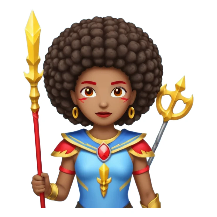 Emoji metisse femboy mais plus masculin avec drapeau ukrainien arriere plan, un afro, sourcils rouge, fourche trident, et eclairs et sur fond bleu clair irrisé. sticker