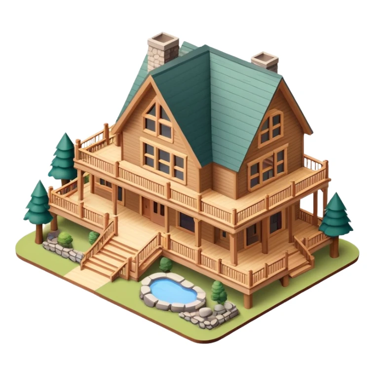 Catskills mountain lodge, isometric dollhouse-style, realistic sticker