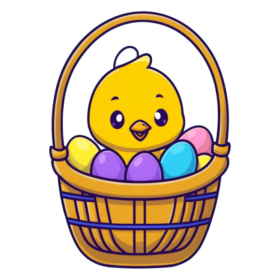 Yellow chick sitting in an Easter basket with colorful eggs sticker